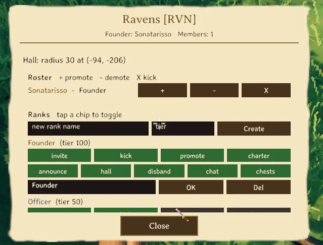 The Sonarheim guild panel in-game, showing the Ravens guild's roster, hall location and rank permission editor